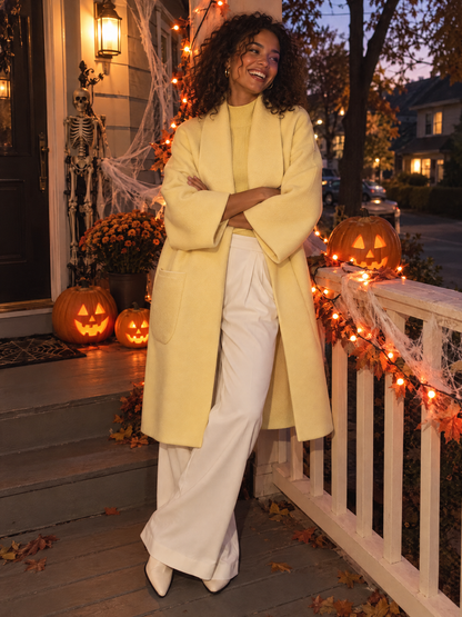 Pale Yellow Shawl Collar Oversized Wool Midi Coat