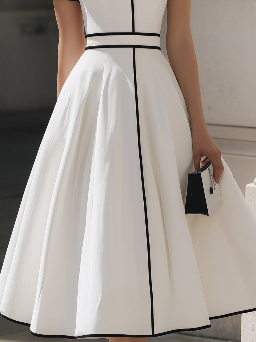 Timeless Contrast-Piped Mandarin Collar Midi Dress