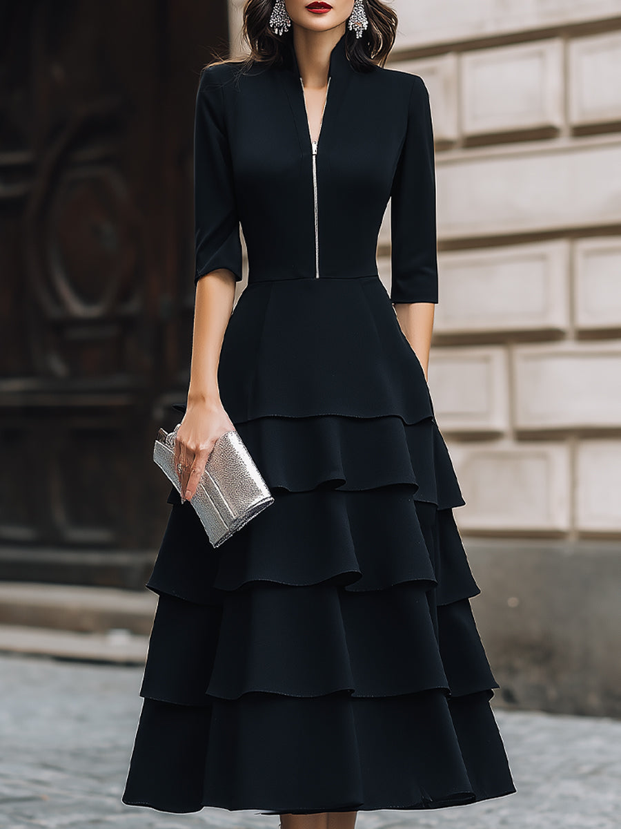 Zip-Front Tiered Midi Dress With Structured Waist
