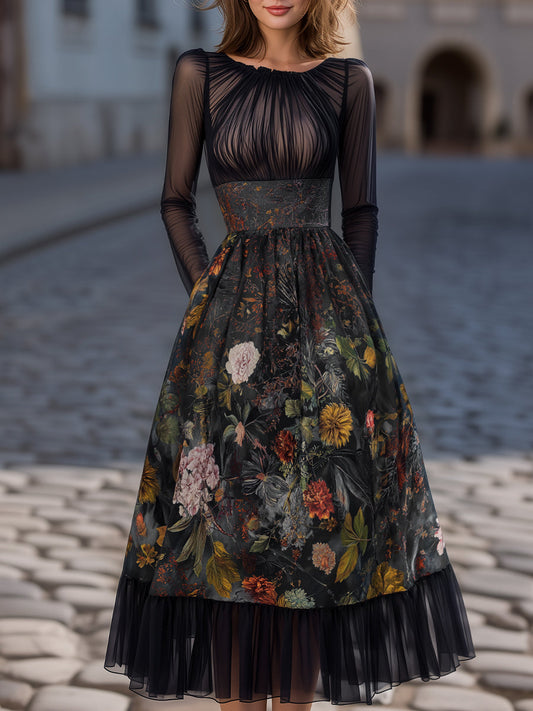 Pleated Sheer Long-Sleeve Floral Midi Dress