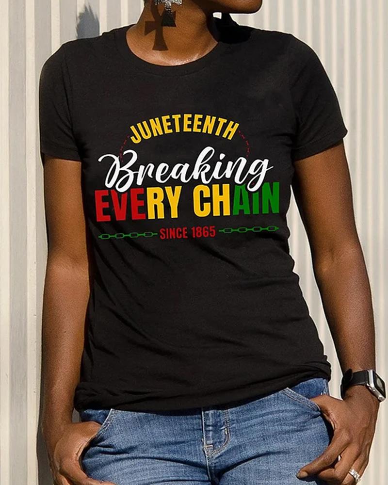 Juneteenth Contrasting Letters Round Neck Personalized Print Casual Top