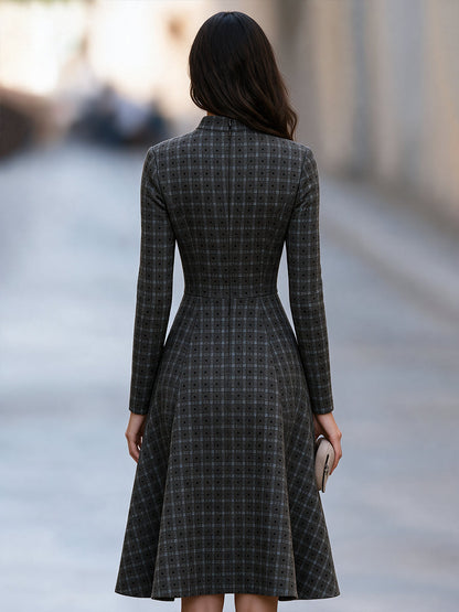Mock Neck Plaid Dot A-Line Midi Dress