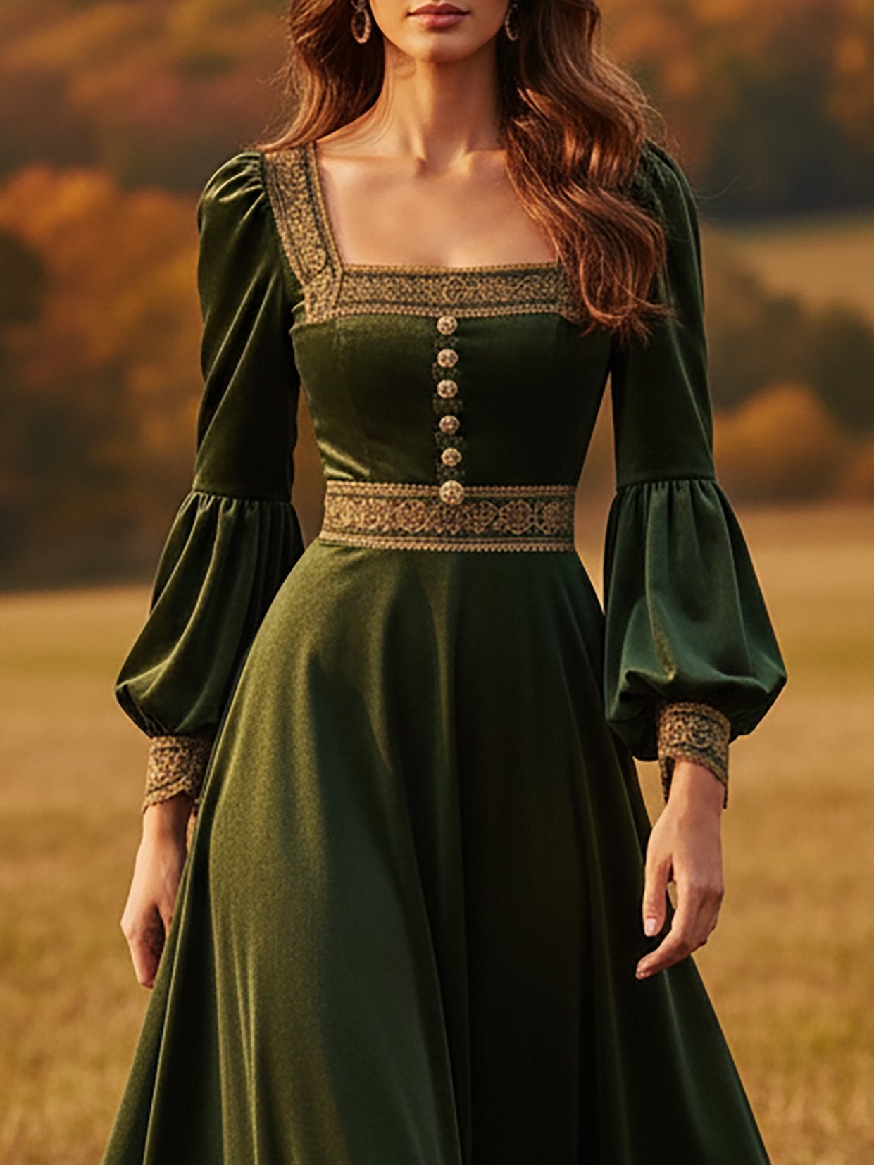 Maxi Cotton Dress, Long Sleeves, Square Neck, Plain, Lace, Vintage, Green