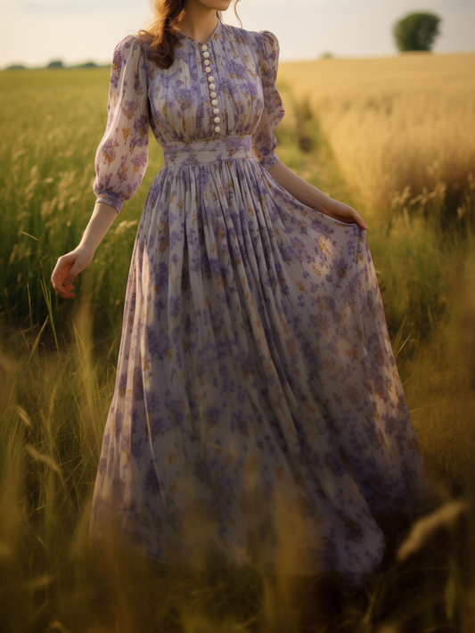 Maxi Linen Dress, Casual, Floral, Pocket Stitching, Crew Neck, Belt, Half Sleeve, Purple, Vintage