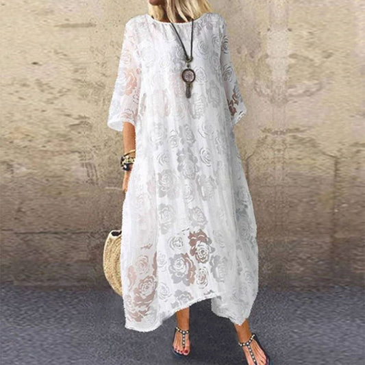 Plus Size round Neck Short Sleeve Lace Long Casual Dress