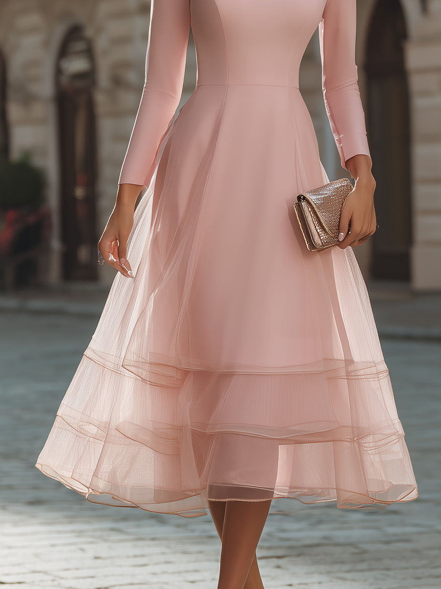 Long Sleeve Layered Midi Dress With Defined Waist