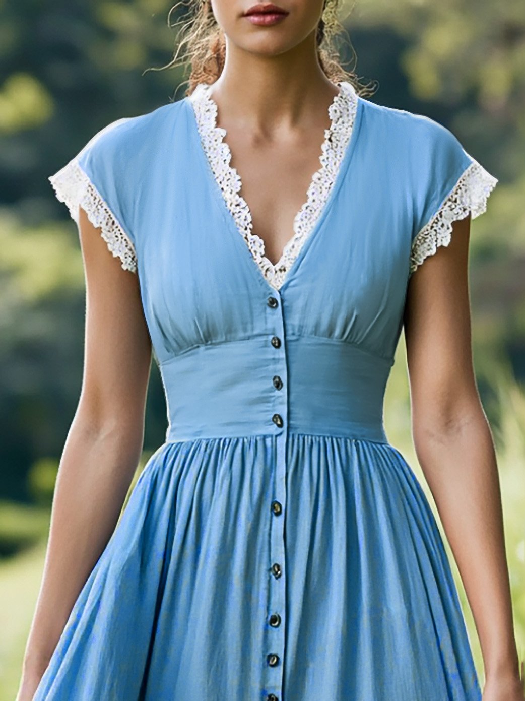 Maxi Linen Dress , Cap Sleeves, V Neck, Plain, Button Design, Vintage, Blue