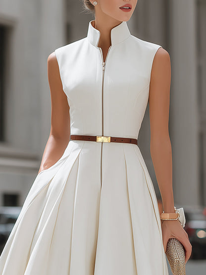 Sleeveless Zip-Front High-Neck Midi Dress
