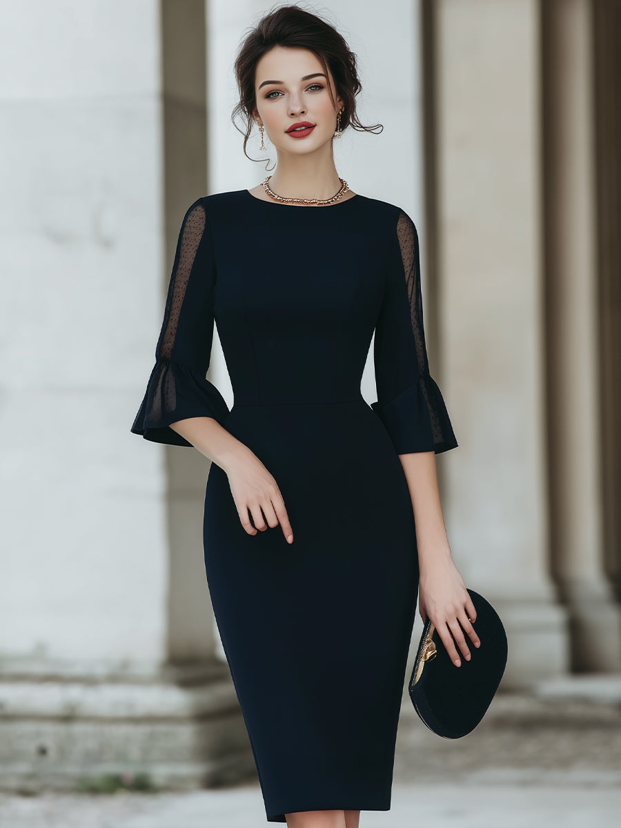 Sheer Sleeve Tailored Midi Dress