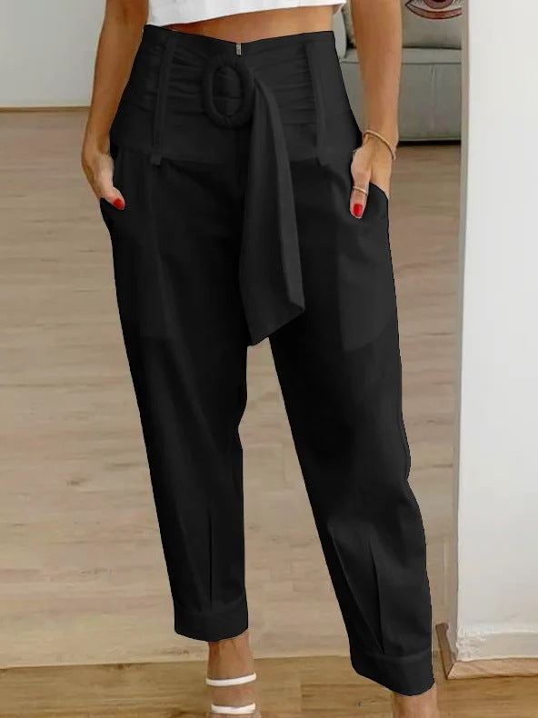 Spring and Summer New Casual Pocket Belt Long Pants Suit Pants