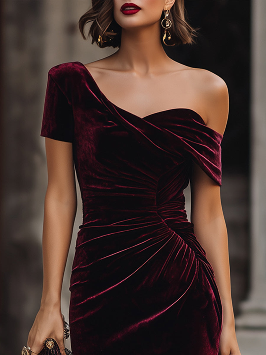 Midnight Asymmetrical Velvet Midi Dress ¨C Ruched Off-the-Shoulder Bodycon