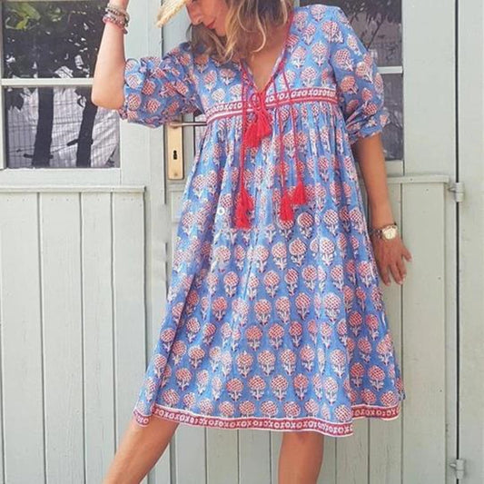 Printed V-neck Tassel Dress