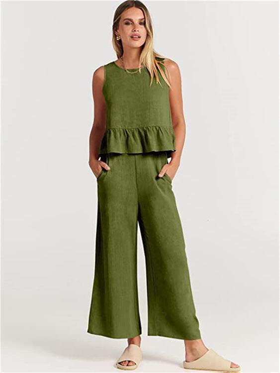 Sleeveless Pleated Vest Wide-Leg Cropped Pants Casual Suit