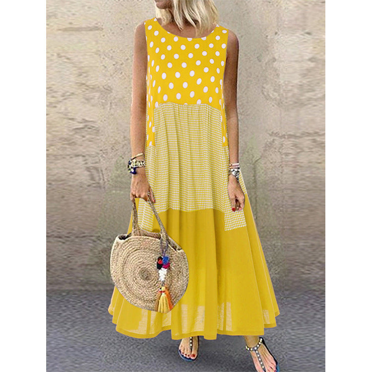 Plus Size Polka Dot Sleeveless Dress Mid-Length Cotton and Linen Waist Trimming Slimming Dress