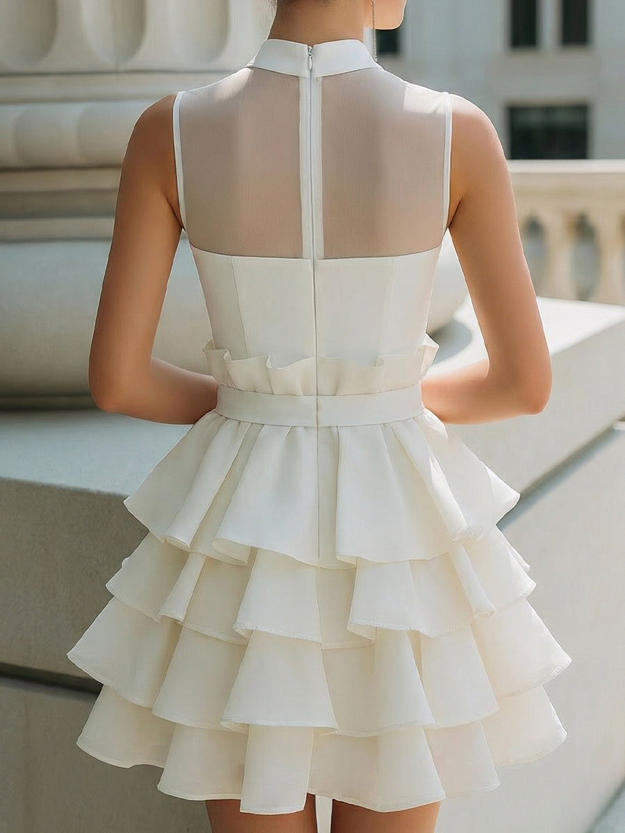 High-Neck Sheer Yoke Tiered Ruffle Mini Dress