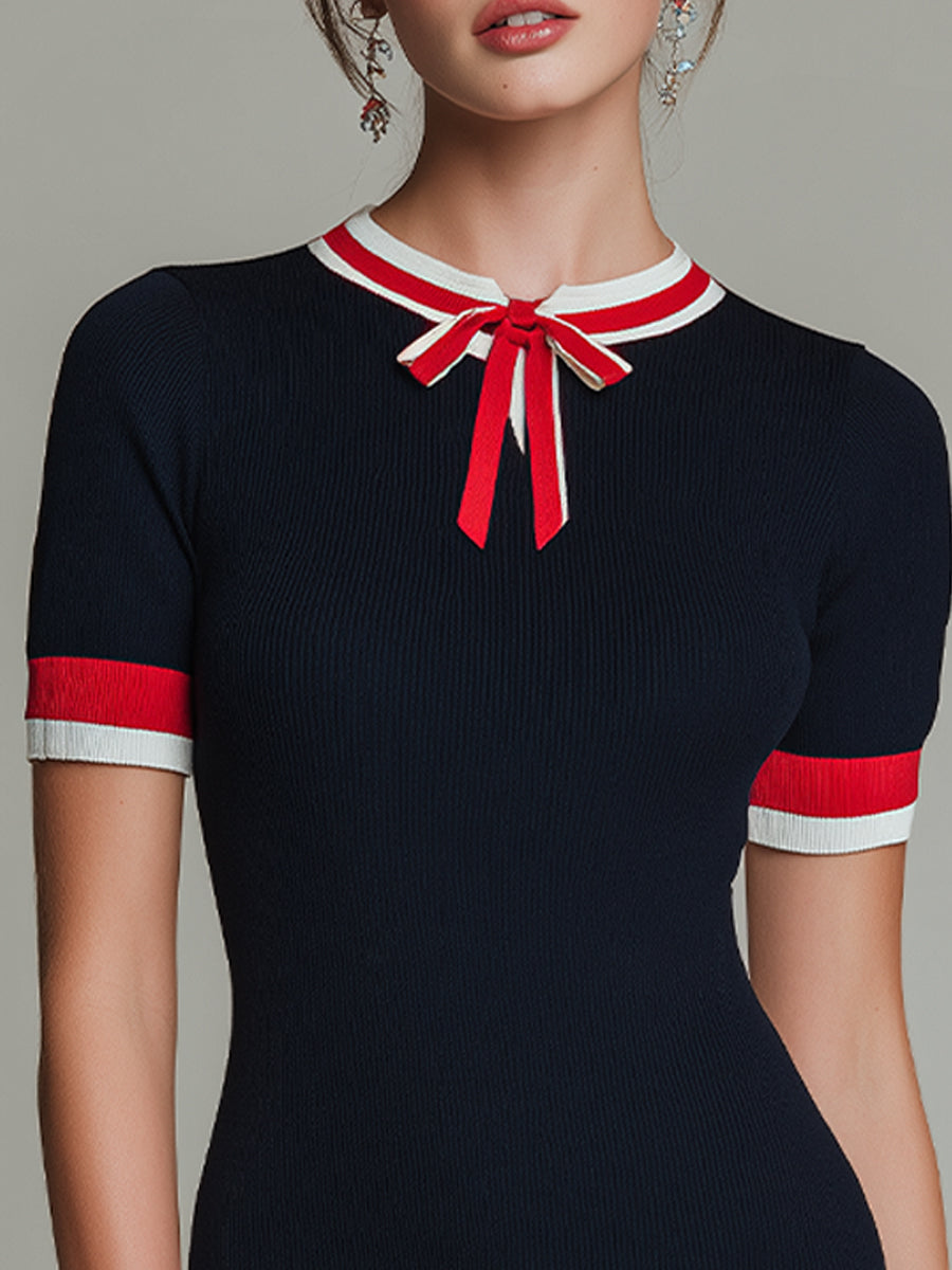 Elegant Ribbed Knit Mini Dress With Contrast Trim Bow