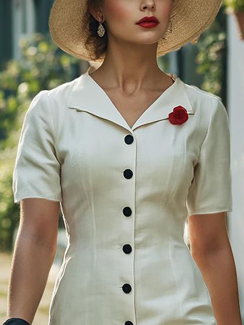 Midi Cotton Dress, Short Sleeve, V Neck, Linen Blend, Plain，White