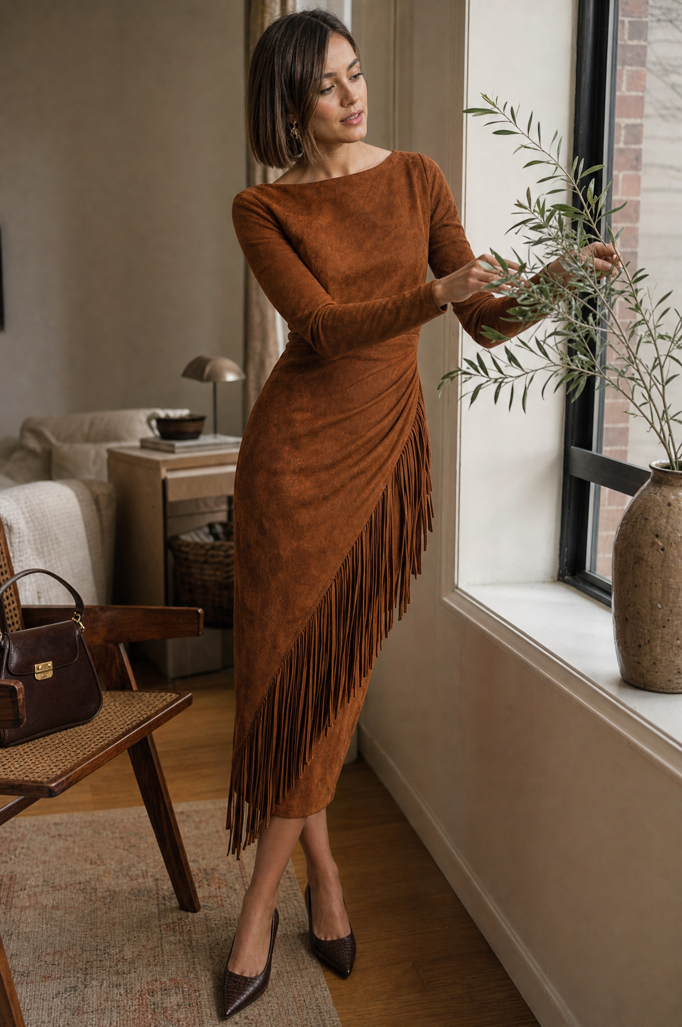 Asymmetric Fringe Faux Suede Midi Dress