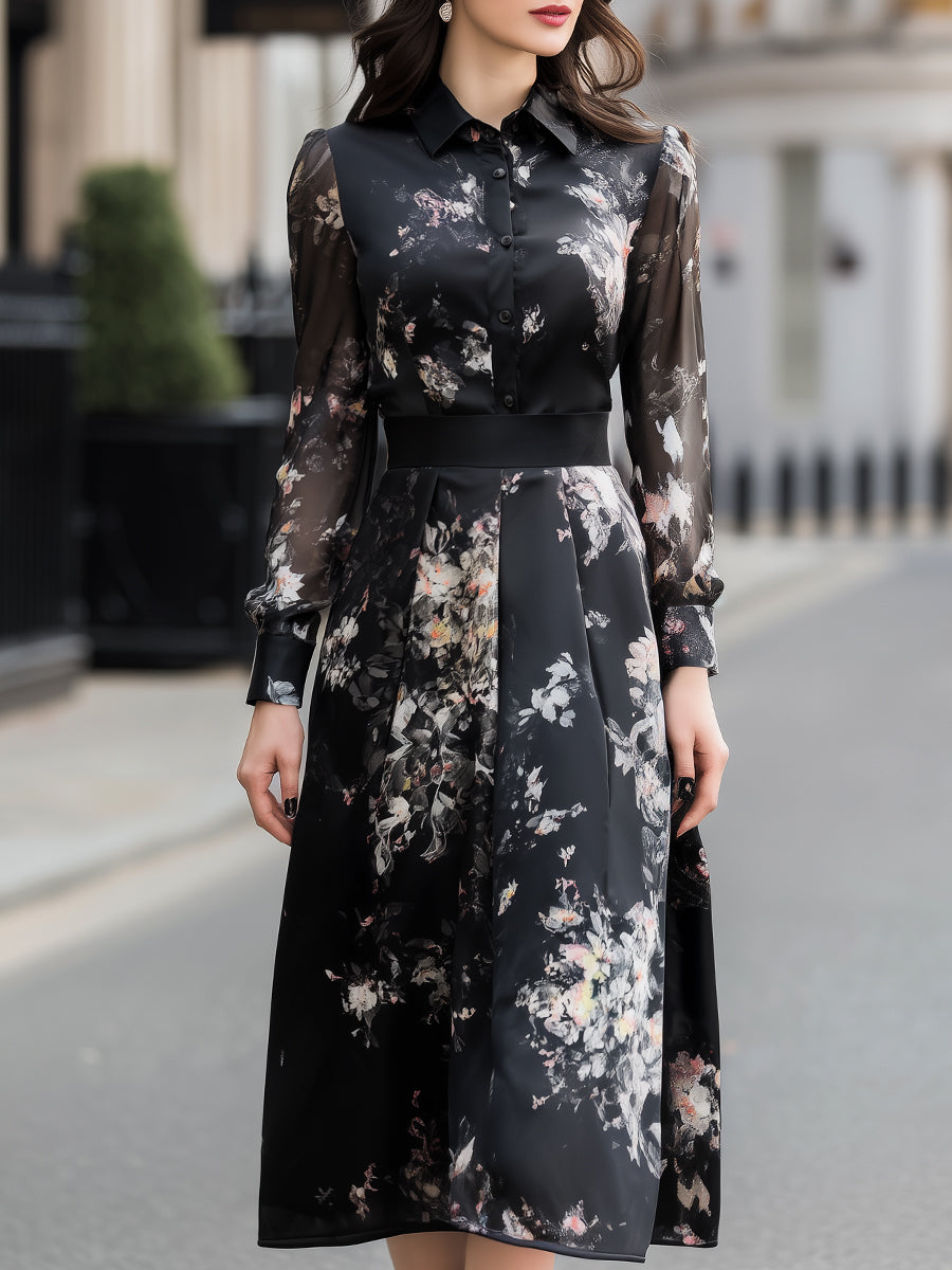 Printed Satin Shirt Midi Dress With Chiffon Sleeves
