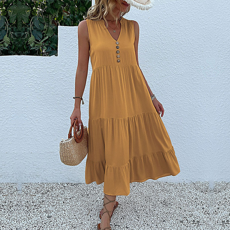 Sleeveless Draped Dress Loose V-neck Mid-Length Dress