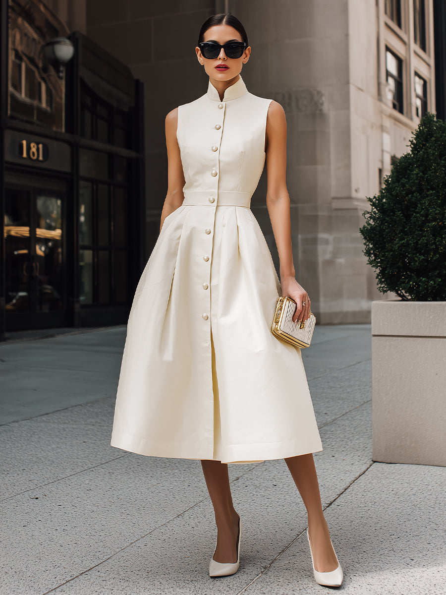 Sleeveless Mandarin Collar Button-Front Midi Dress