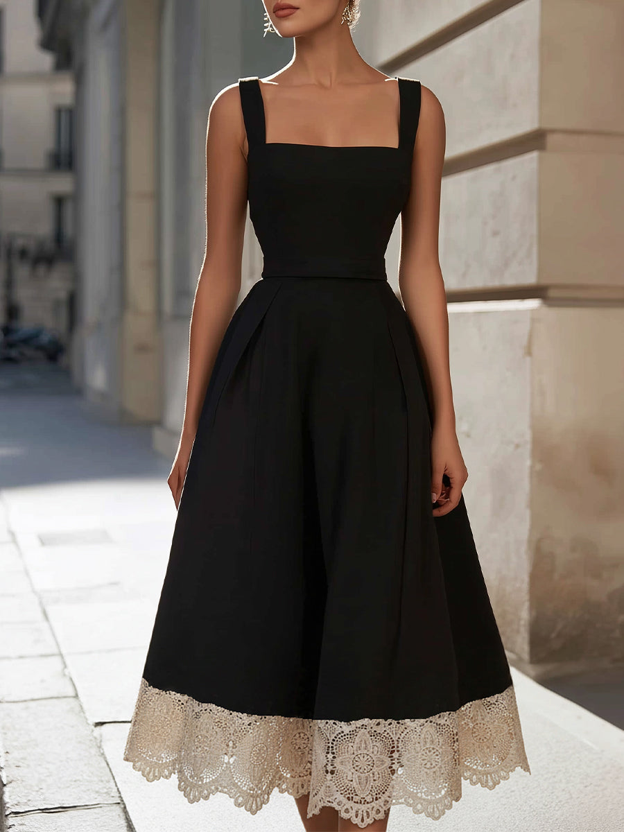 Elegant Square-Neck Sleeveless Midi Dress With Lace Hem