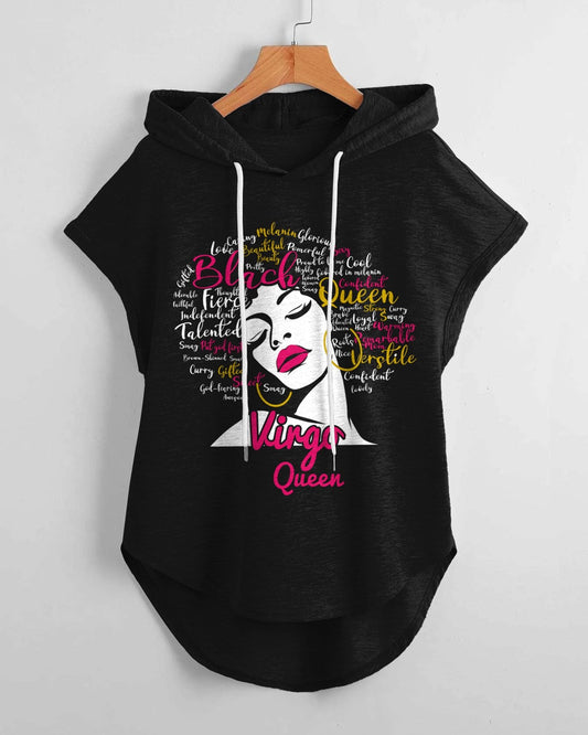 Virgo Black Queen Print Drawstring Hooded Tee