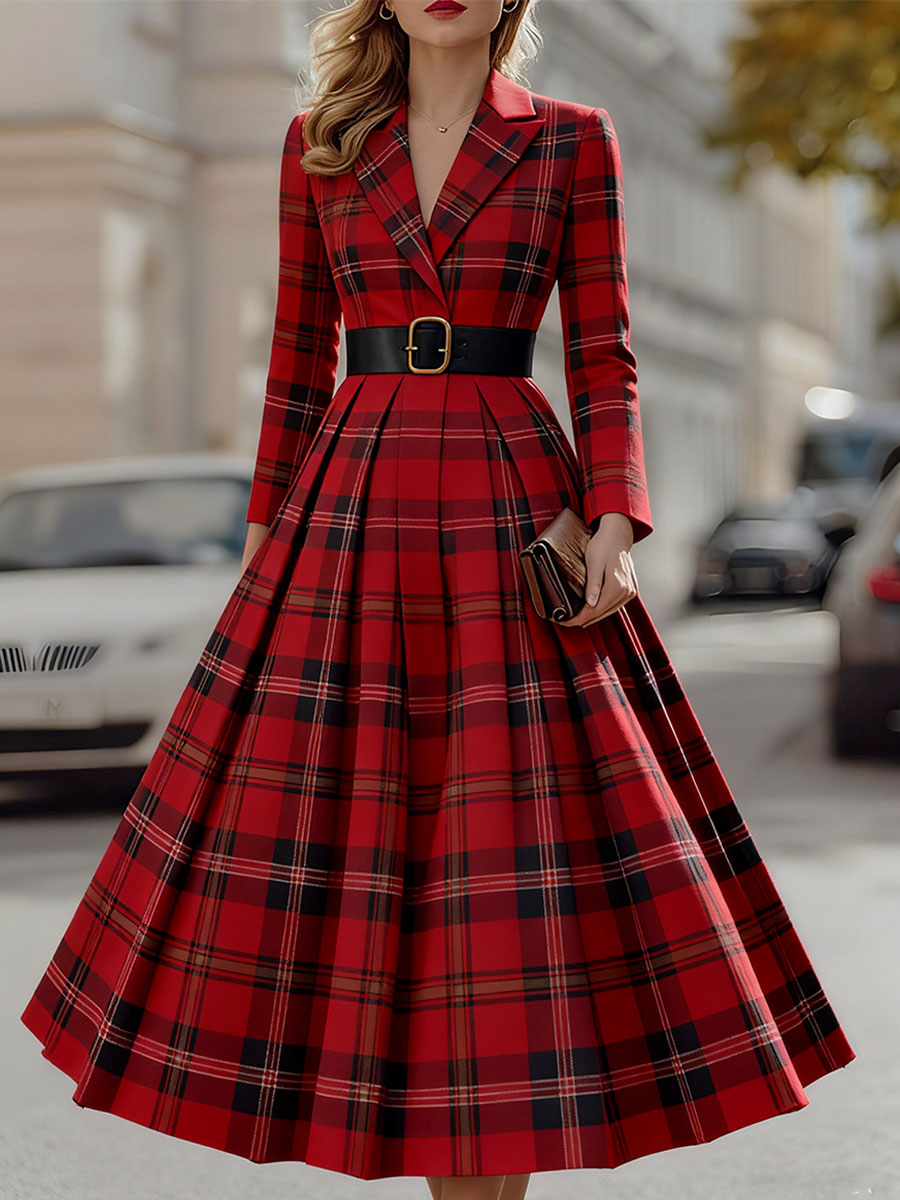KSXTXX Statement Red Plaid Trench Dress With Gold Buckle Belt