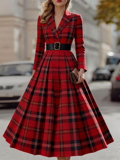 KSXTXX Statement Red Plaid Trench Dress With Gold Buckle Belt