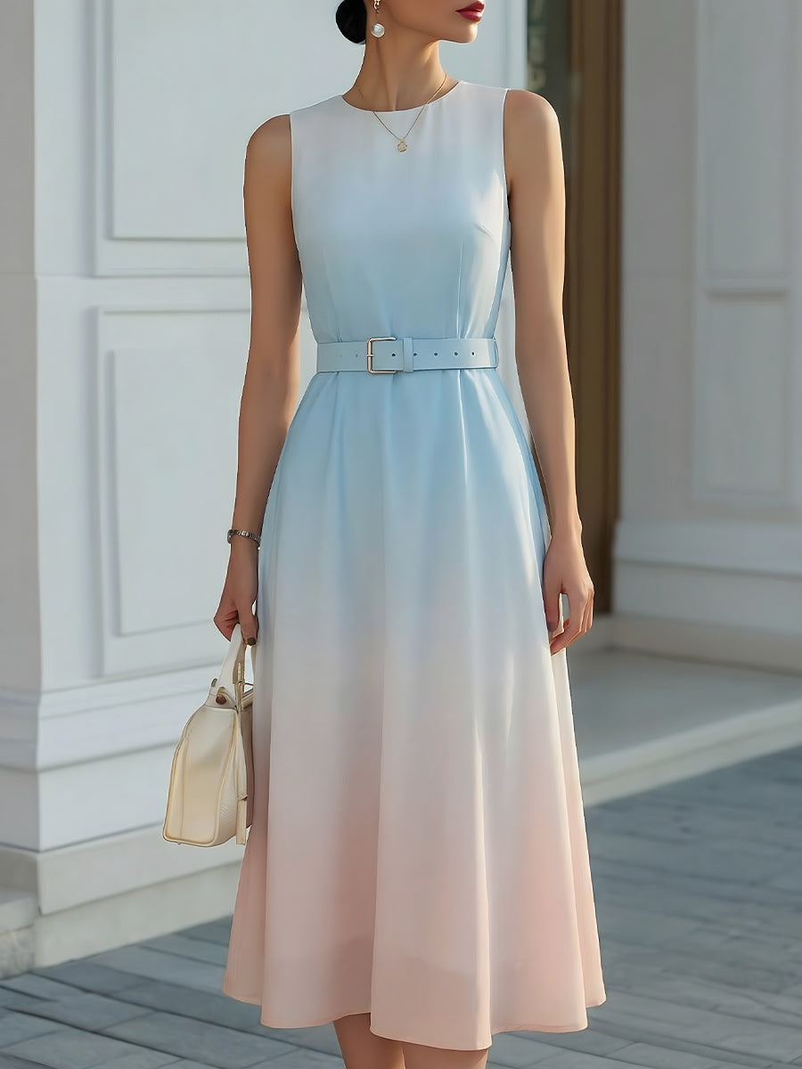 Gradient Sleeveless Belted A-Line Midi Dress