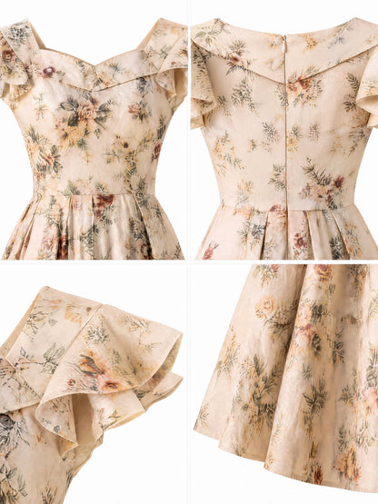 Vintage Floral Square Neck Swing Dress