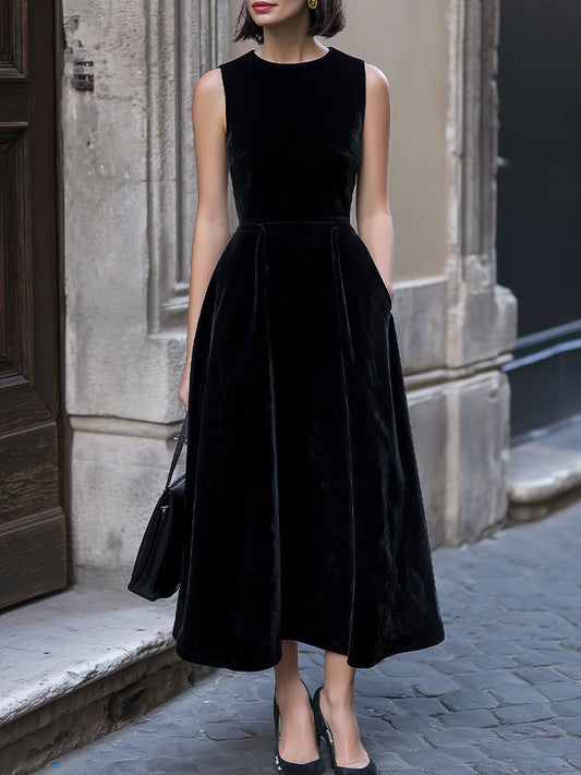 Classic Sleeveless Velvet A-Line Midi Dress With Pockets