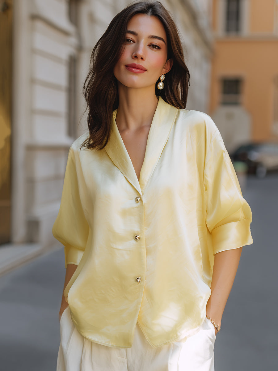 Elegant Soft Yellow Satin Button-Front Blouse With Relaxed Silhouette