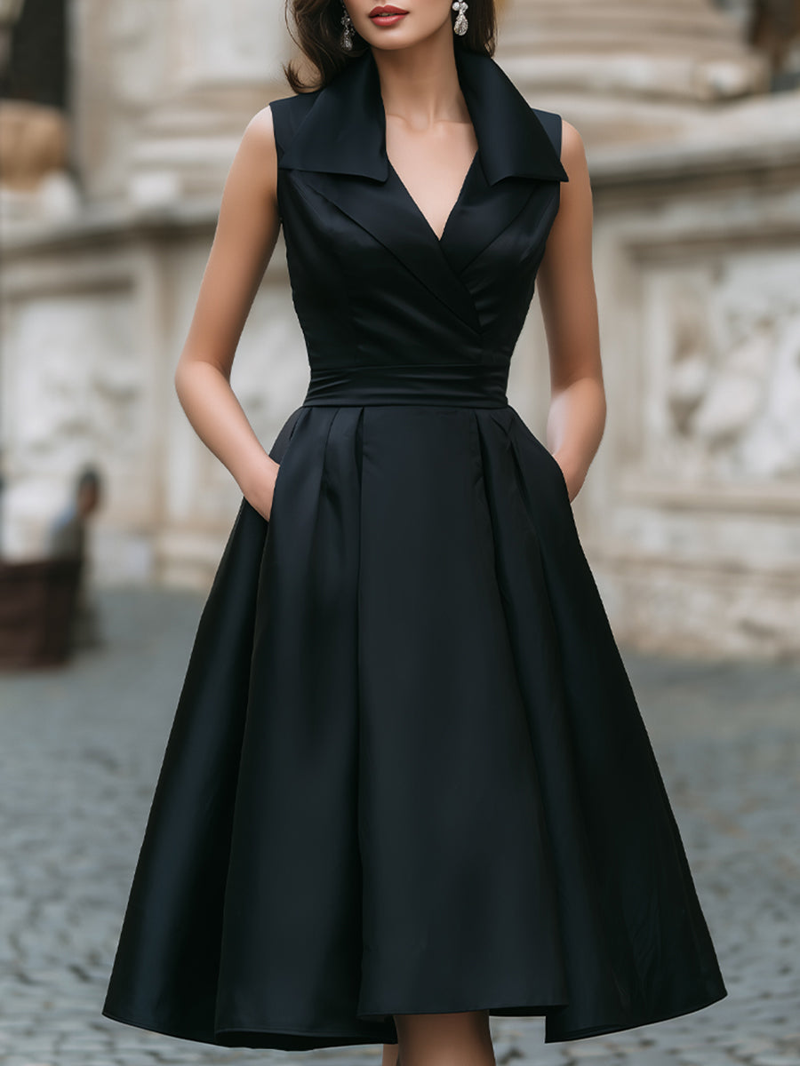 Elegant Sleeveless Wrap-Collar Midi Dress