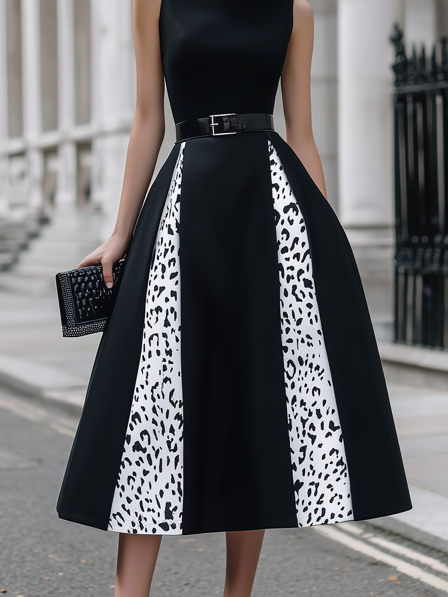 Contrast Leopard Panel Belted A-Line Midi Dress
