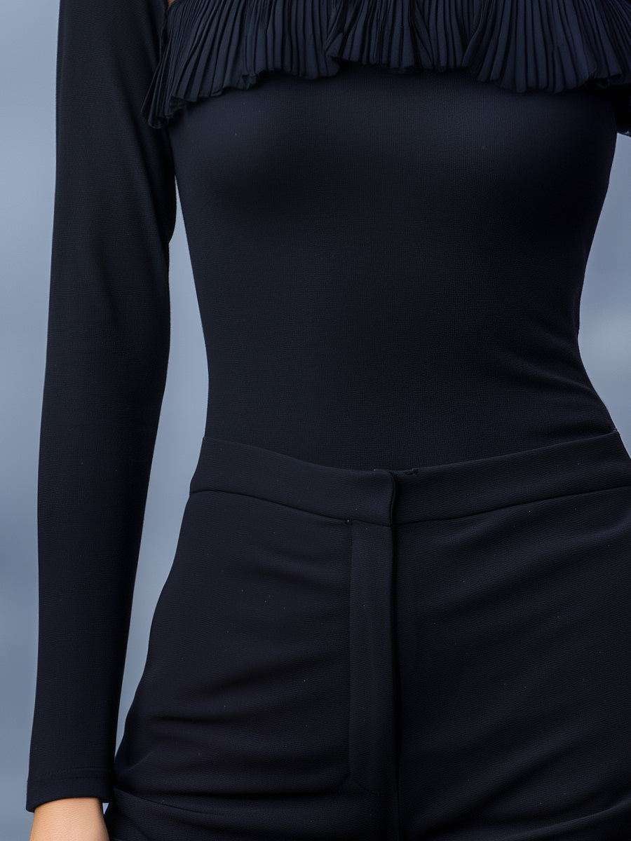 Sheer Mesh Yoke Ruffle High-Neck Long Sleeve Top