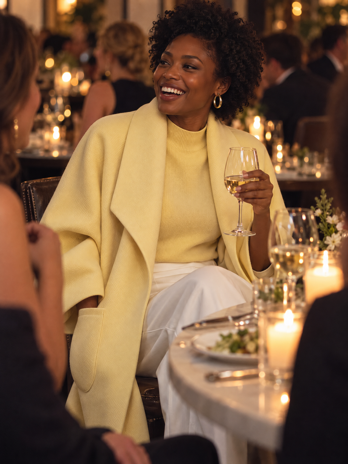 Pale Yellow Shawl Collar Oversized Wool Midi Coat