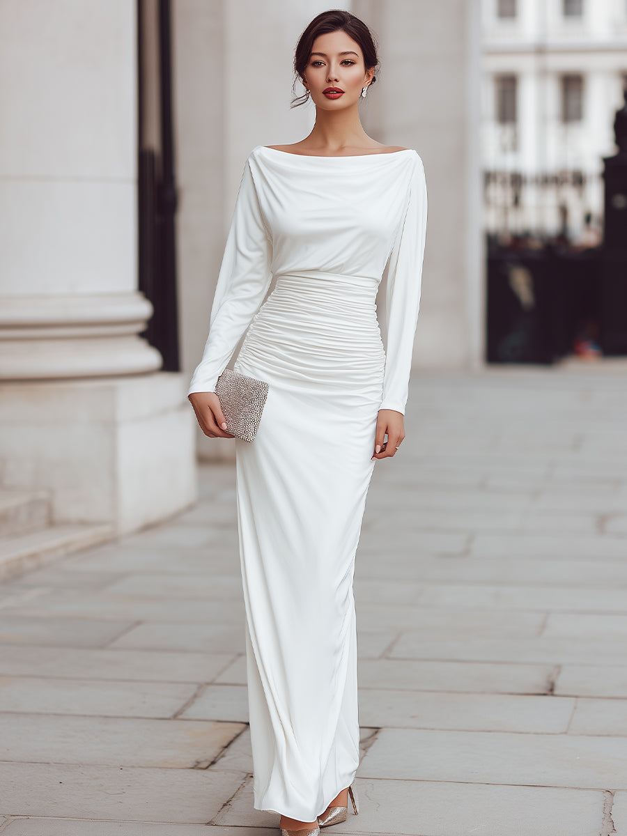 Draped Boat Neck Ruched Waist Maxi Dress