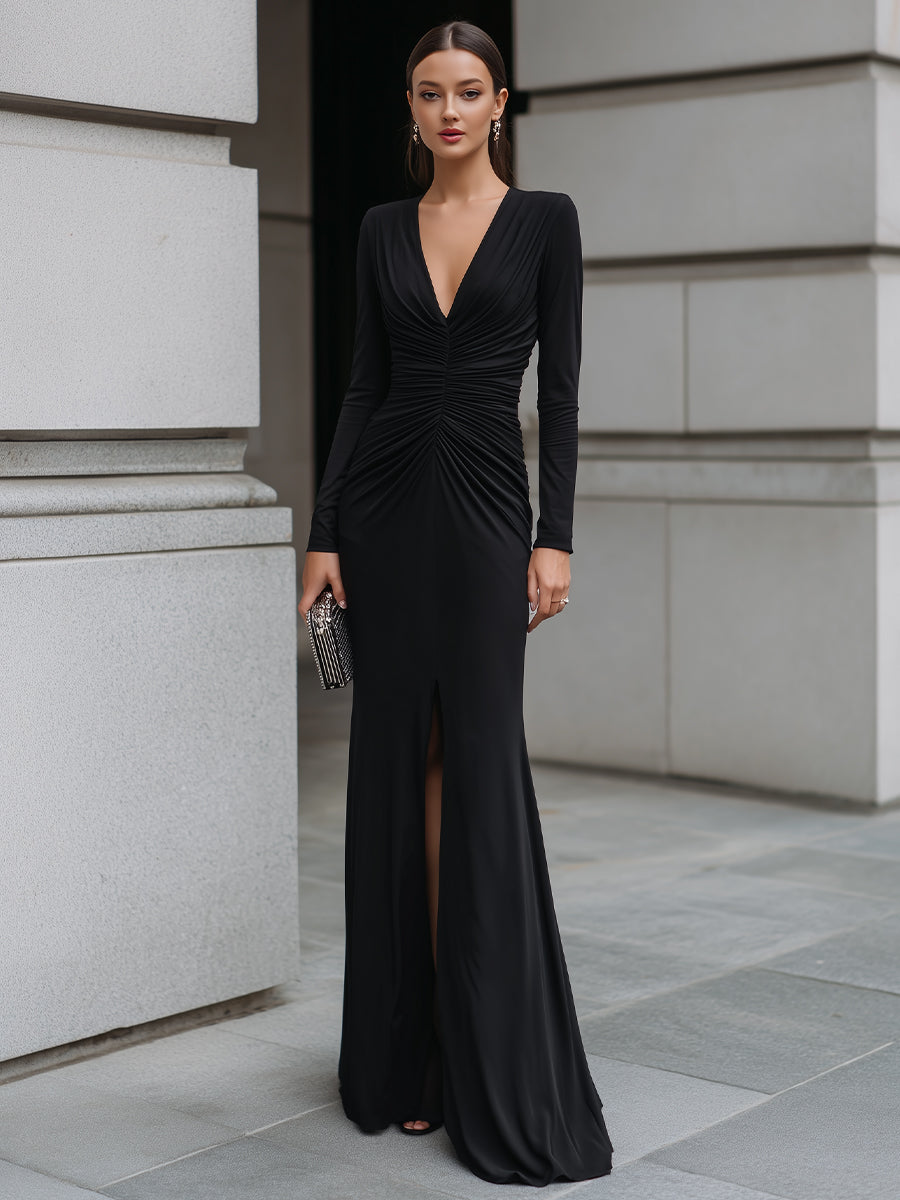 Deep V-Neck Ruched Long Sleeve Column Gown