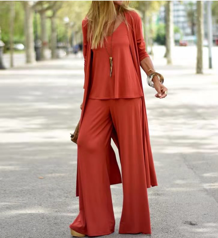 Loose Three-Piece Set V-neck Strap Straight-Leg Trousers Long Plus Size  Cardigan