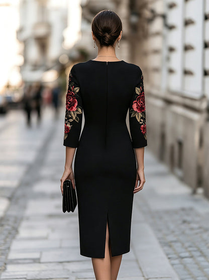 Floral Embroidery Sleeve Sheath Midi Dress