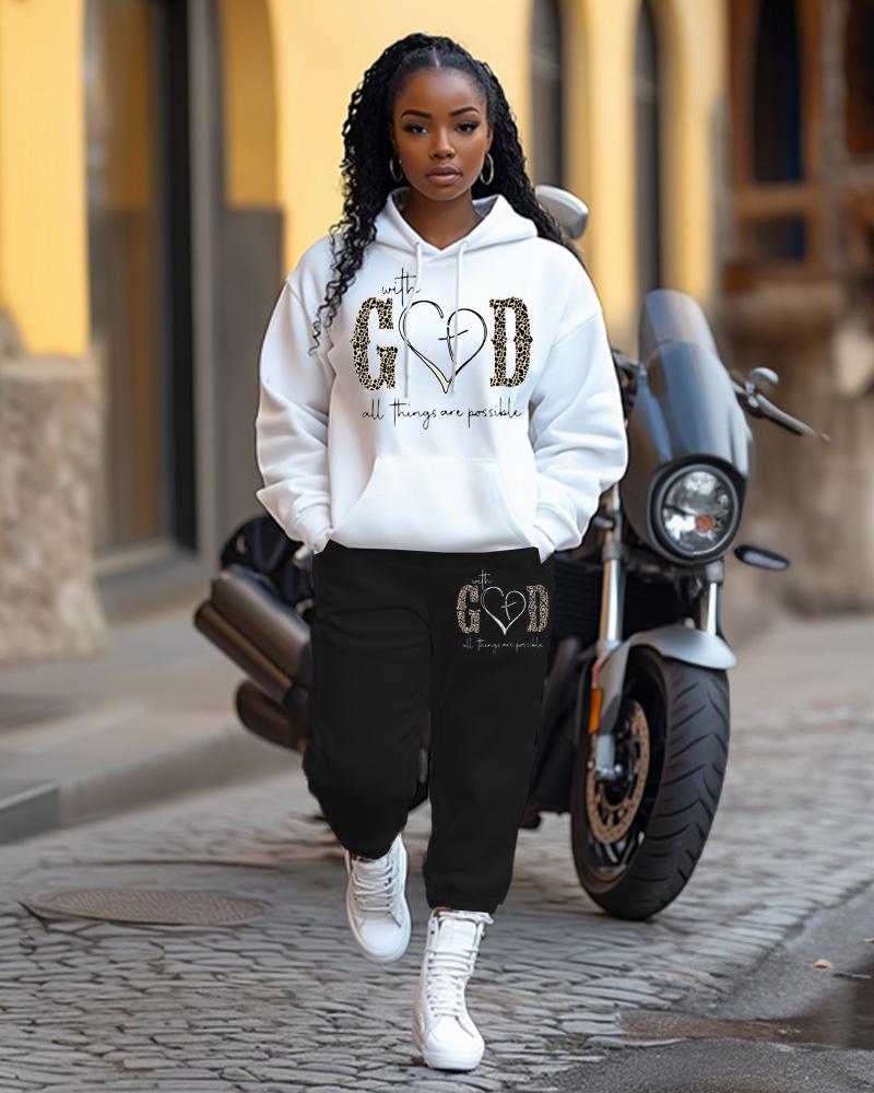 GOD Letter Print Long Sleeve Hoodie Two Pieces Set