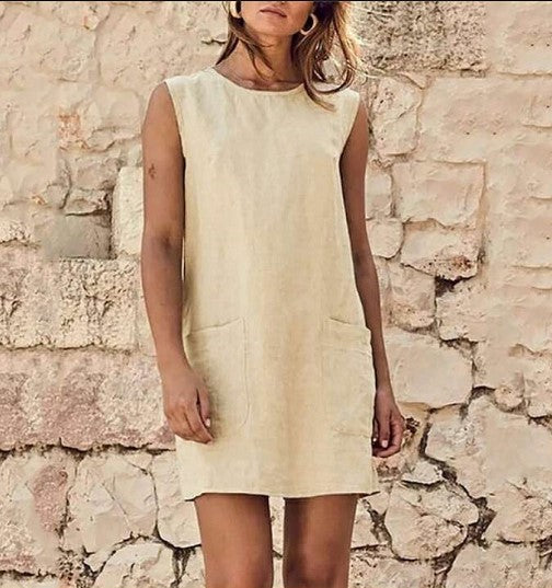 Patch Pocket Sleeveless Slim-Fit Solid Linen Dress