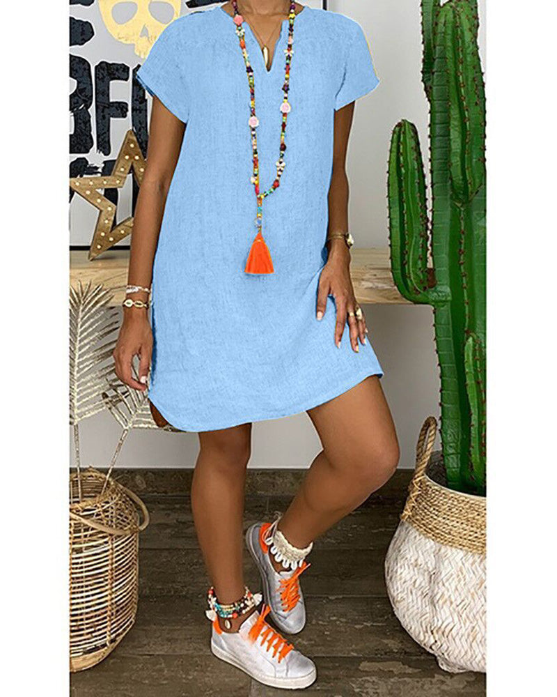 Plus Size Short Sleeve V-neck Cotton Linen Dress