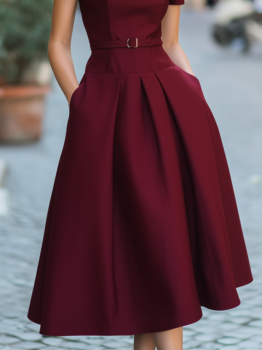 Elegant Belted Low-waisted Midi Dress With Short Sleeves