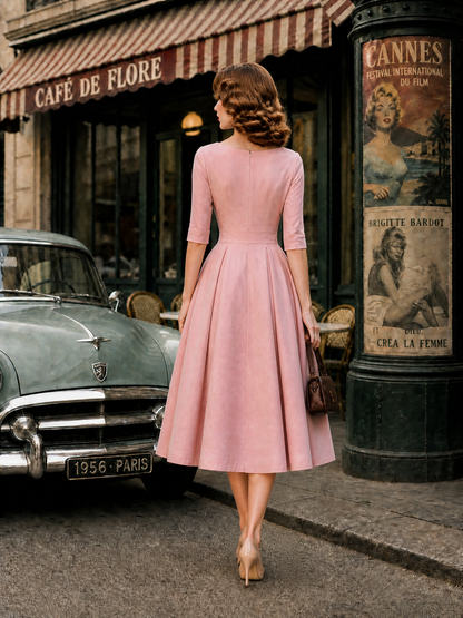 1950s Retro Audrey-Style Pink Swing Midi Dress