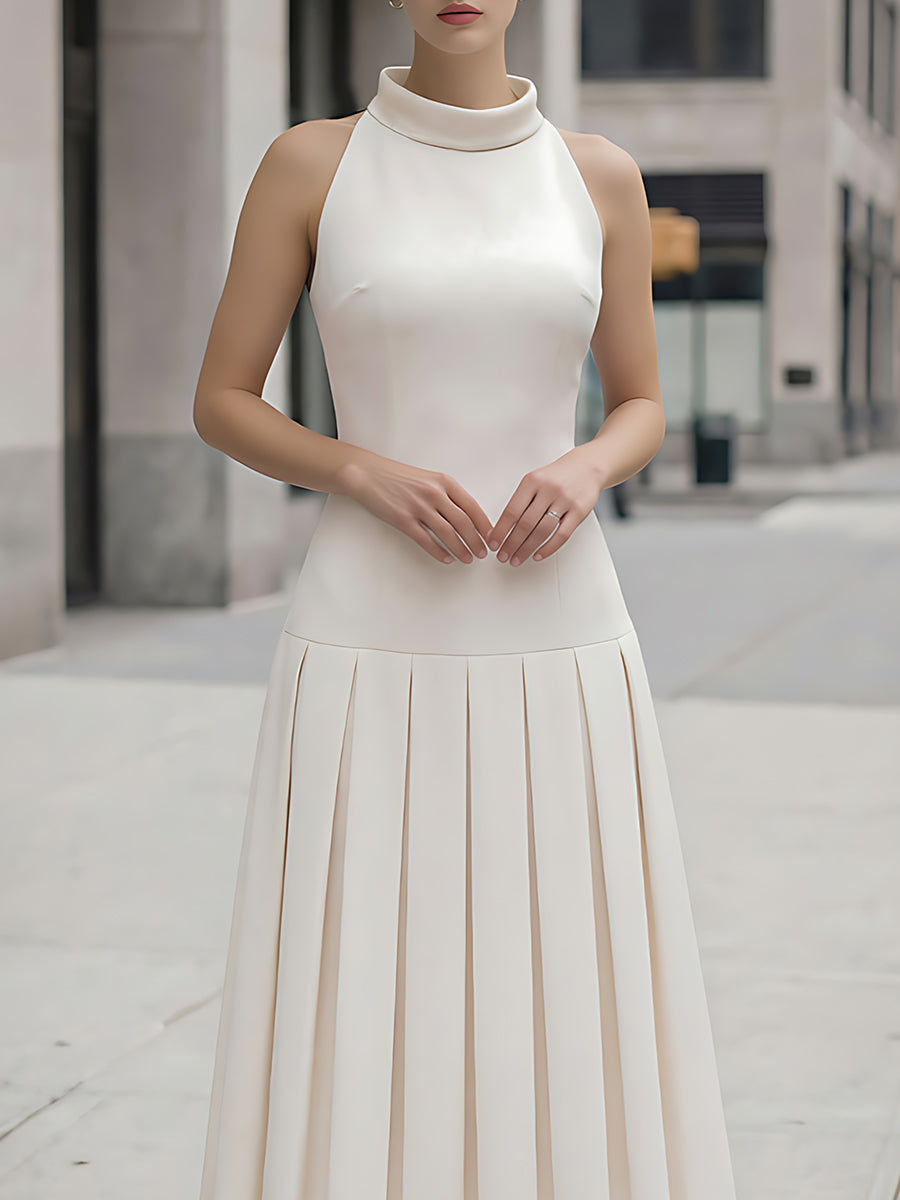 High-Neck Pleated Midi Dress With Sculpted Bodice