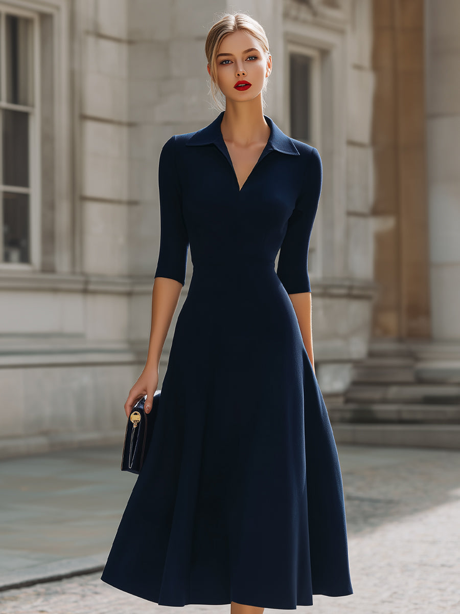 Refined Navy Polo Collar Fit-and-Flare Midi Dress