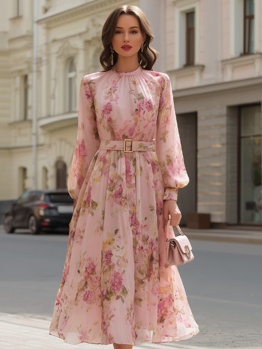 Romantic Blush Floral Chiffon Midi Dress