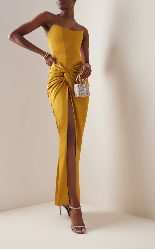 Draped Strapless Satin Maxi Dress